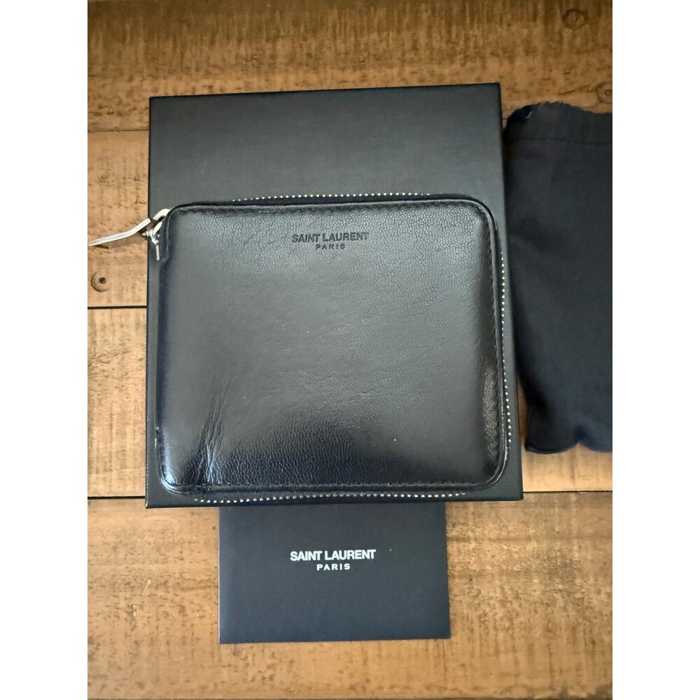 Saint Laurent Wallet Men's Black Leather Zip Around Bifold Coin Pocket W/Box